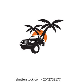 A Jeep vector with sunset on the beach and coconut trees.