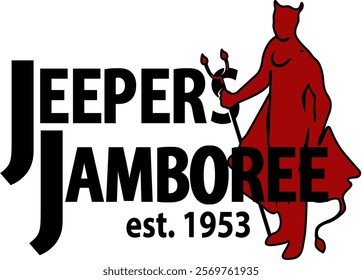  "Jeepers Jamboree est. 1953" in a bold font, accompanied by a red  holding a trident, positioned to the right. Let me know if you need further assistance!