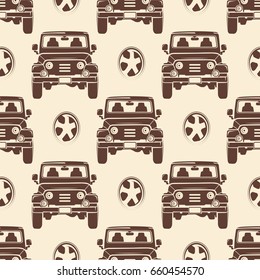 Jeeps seamless pattern design - vintage seamless texture with cars. Transport background vector illustration