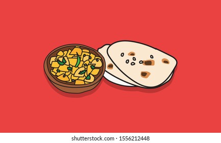 Jeera Aloo Indian Dish Hand Drawn Vector Illustration with Roti