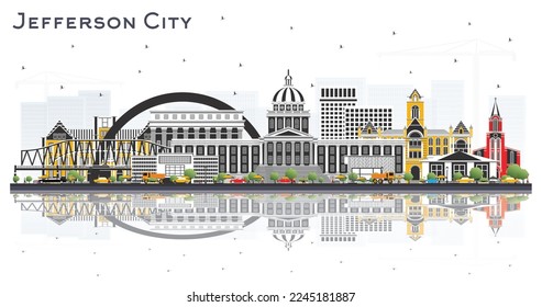 Jefferson City Missouri Skyline with Color Buildings and Reflections Isolated on White. Vector Illustration. Tourism Concept with Historic Architecture. Jefferson City Cityscape with Landmarks.