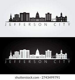 Jefferson City, MO skyline and landmarks silhouette, black and white design, vector illustration.  