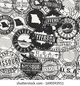 Jefferson City, MO, USA Stamps Background. A City Stamp Vector Art. Set of Postal Passport Travel. Design Set Pattern.
