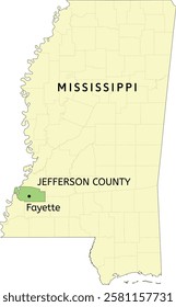 Jefferson County and city of Fayette location on Mississippi state map