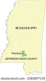 Jefferson Davis County and town of Prentiss location on Mississippi state map