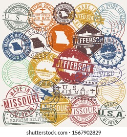 Jefferson Missouri Set of Stamps. Travel Stamp. Made In Product. Design Seals Old Style Insignia.