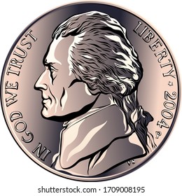 Jefferson nickel, American money, United States five-cent coin with profile Thomas Jefferson, third President of the United States on obverse