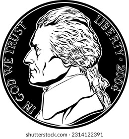 Jefferson nickel, American money, United States five-cent coin with Jefferson, third President of USA on obverse. Black and white image