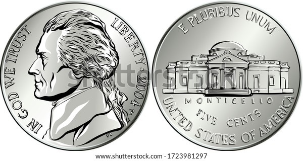 Jefferson nickel, American money, USA five-cent
coin with US third President Thomas Jefferson on obverse and his
house Monticello on
reverse