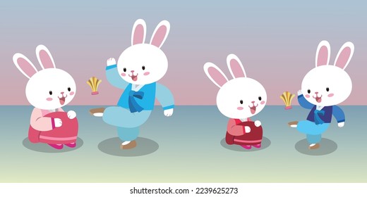 Jegichagi is a traditional Korean game. A white rabbit wearing a hanbok kicks a jegi.