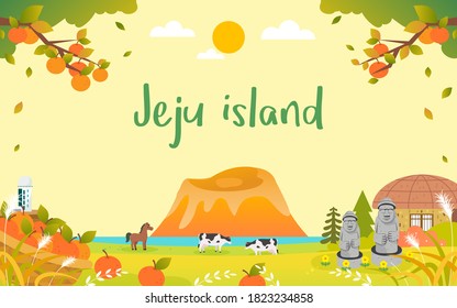 JeJu Island in Autumn Background vector illustration. Beautiful fall season landscape. harvesting oranges