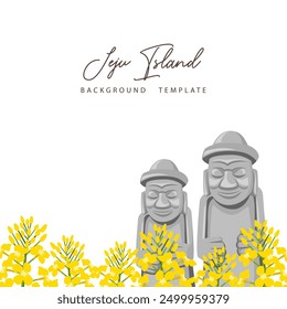 Jeju island background template with Dol hareubang and canola flowers.