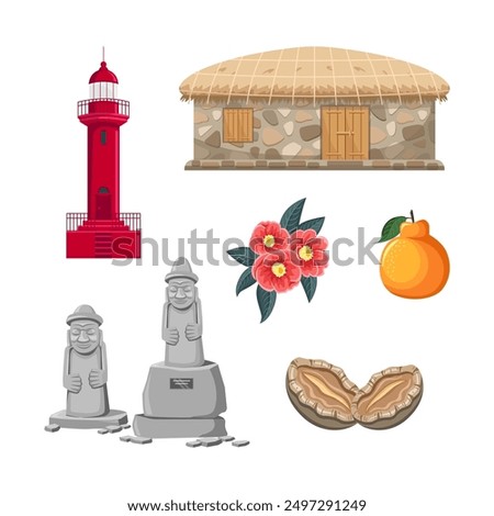 Jeju island icon set. Lighthouse, thatched house (jeju farm house), camellia, jeju orange (hallabong), abalone, dol hareubang (jeju iconic stone statue)

