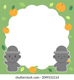 Jeju Island Illustration Tangerine and Dolhareubang Frame Design. Green background.