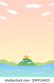 Jeju Island Illustration_Sea und Hallasan Mountain. Sonnenuntergang Himmel und Inselgrafik.