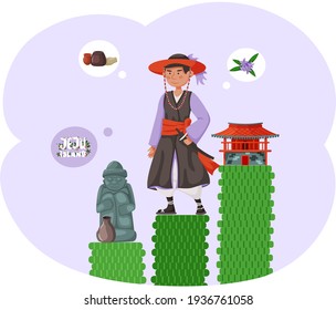 Jeju island invitation card. South asian country with man dressed in national clothes on top of hill