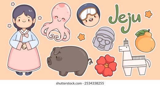 Adesivos da ilha de Jeju kawaii colocados isolados no fundo. Vetor contemporâneo desenho animado conjunto de menina asiática, polvo, rosto sorridente, porco preto, estátua de pedra, cavalo, frutas cítricas, ícones de flores