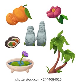 Isla Jeju en Corea icono de ilustración de viaje. Dibujo de muñecas Hareubang, flor, comida mandarina y simpático Lugar famoso de la naturaleza conjunto gráfico aislado. Descubrimiento de Asia e investigación de la cultura tradicional