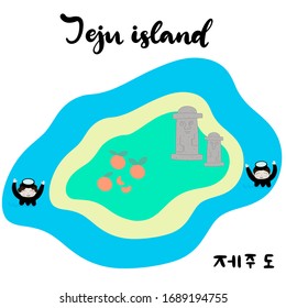 Jeju island in Korean language vector illustration. Travel to South Korea. Welcome to Jeju. Vacation in Asia. Flat abstract map. Aunt divers, stone statue of dol hareubang tourist attraction