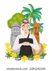 Jeju Island landmarks illustration. Grandfather stone statue, female diver,  totem pole, tangerine, and abalone.