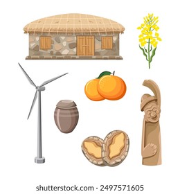 Jeju island landmarks set. Thatched house (jeju farm house), canola, jeju tangrine, abalone, onggi (jandok), wind turbine, dol hareubang (jeju iconic stone statue)