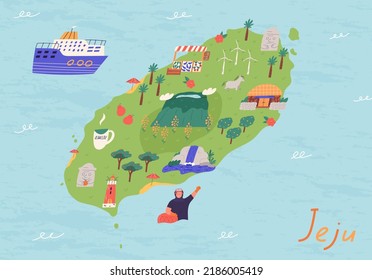 Jeju island map with landmarks, cartoon flat vector illustration. Korean island Jejudo - Hallasan mountain, waterfall, Haenyeo woman, Dol hareubang and Seongeup folk village.