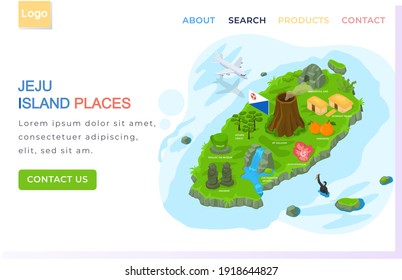 Jeju island places landing page template. Traveling to korea by landmarks icon map in cartoon style with main attractions and inscriptions. Green island in south korea, sea and land entertainment