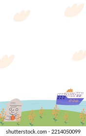 Jeju Island poster with empty space for ext, flat vector illustration. Dol hareubang stone holding tangerine, ship swimming in the sea and blooming  rapeseed flowers.