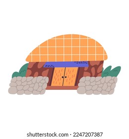 Jeju island Seongeup folk village, cartoon flat vector illustration. Hand drawn thatch house, farm rustic building. Korean jeju island landmark.