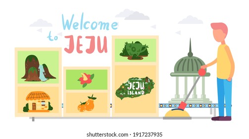 Jeju island sights advertising poster. Travel to South korea. Welcome to Jeju. Vacation in Asia. Banner traditional landmarks, symbols, popular place for visiting tourists at green tropical island