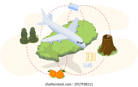 Jeju island sights advertising poster. Travel to South korea by plane. Vacation in Asia. Banner traditional landmarks, symbols, popular attractions for visiting tourists at green tropical island