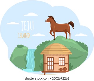 Jeju island in South Korea, Asian village old house vector art. Thatched-roof rural hut, horse country animal in mountaine meadow. Traditional house in Korean people settlement. Layout of postcard