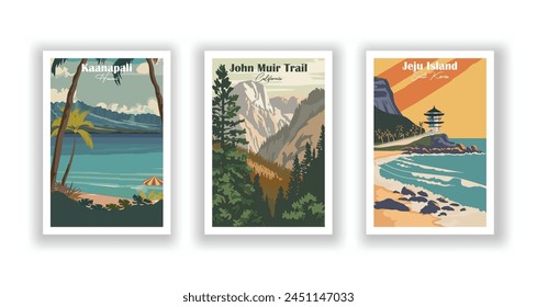 Jeju Island, South Korea, John Muir Trail, California, Kaanapali, Hawaii - Vintage travel poster. Vector illustration. High quality prints