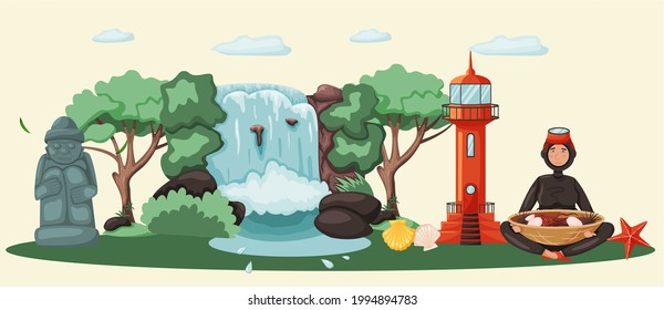 Jeju island in South Korea, tourist tour banner. Summer vacation, active tour with famous attraction, adventure time. Layout of postcard to island for travelers. Jeju, Korean nature and landscape