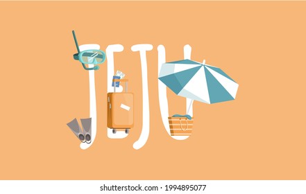 Jeju island in South Korea, tourist tour banner. Summer vacation, active tour with famous attraction, adventure time. Layout of postcard to island for travelers. Jeju, Korean nature and landscape