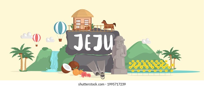 Jeju island in South Korea, tourist tour banner. Summer vacation, active tour with famous attraction, adventure time. Layout of postcard to island for travelers. Jeju, Korean nature and landscape