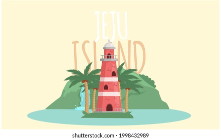 Jeju island in South Korea, tourist tour banner. Summer vacation, active tour with famous attraction, adventure time. Layout of postcard to island for travelers. Jeju, Korean nature and landscape