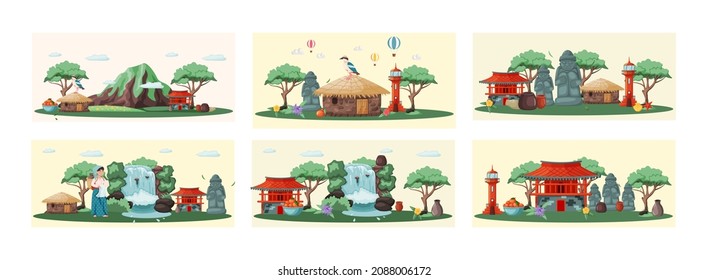 Jeju island in South Korea, tourist tour banner. Summer vacation, active tour with famous attraction, adventure time. Layout of postcard to island for travelers. Jeju, Korean nature and landscape