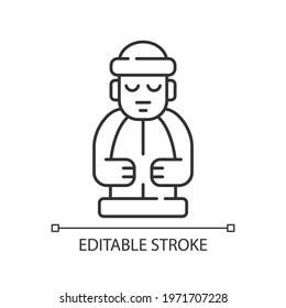 Jeju island statues linear icon. Dol hareubangs. National ethnic rock totem. Stone grandfather. Thin line customizable illustration. Contour symbol. Vector isolated outline drawing. Editable stroke