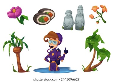 Jeju island symbols set isolated on white background. Vector cartoon illustration of South Korean island palm trees, flowers, fish roll dish, traditional stone dol hareubang statues, female diver