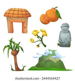 Jeju island traditional elements set. South Korea tourism city elements and culture symbols - orange tangerine and branch with flowers, palm tree and volcano mountain, stone statue dol hareubang