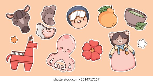 Jeju island traditional elements set - cartoon vector bear toy, horse head and tangerine fruit, camellia flower and green tea, pink octopus and horse shaped lighthouse, haenyeo diver and oyster.