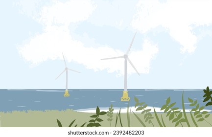 Jeju island windmill beach watercolor illustration