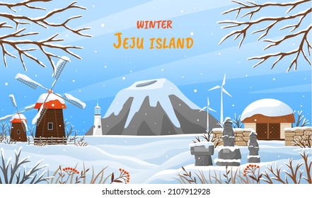 JeJu Island in Winter. Beautiful snow season landscape. Harvest time at Jeju in South Korea. Nature and architecture of island, tourist resort. Mountain, mill and stone statues in winter landscape