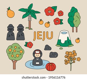 Los símbolos e iconos de la isla Jeju. ilustración simple del vector de esquema.