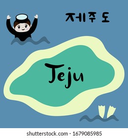 Jeju Korean island in Korean language vector illustration. Travel to South korea. Welcome to Jeju. Vacation in Asia. Flat abstract map. Aunt divers.