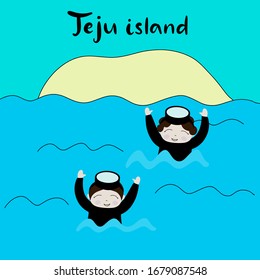 Jeju Korean island vector illustration. Travel to South korea. Welcome to Jeju. Vacation in Asia. Flat abstract map. Aunt divers in mask in the sea.