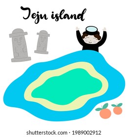Jeju Korean island vector illustration. Travel to South korea. Welcome to Jeju. Vacation in Asia. Flat abstract map. Aunt diver woman and stone statue of dol hareubang tourist attraction