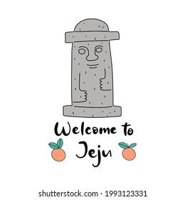 Jeju Korean island vector illustration. Travel to South korea. Welcome to Jeju in Korean language. Vacation in Asia. Flat abstract map.  stone statue of dol hareubang as tourist attraction