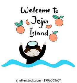 Jeju Korean island vector illustration. Travel to South korea. Welcome to Jeju concept. Vacation in Asia. Flat abstract tangerine and Aunt diver, tourist attraction